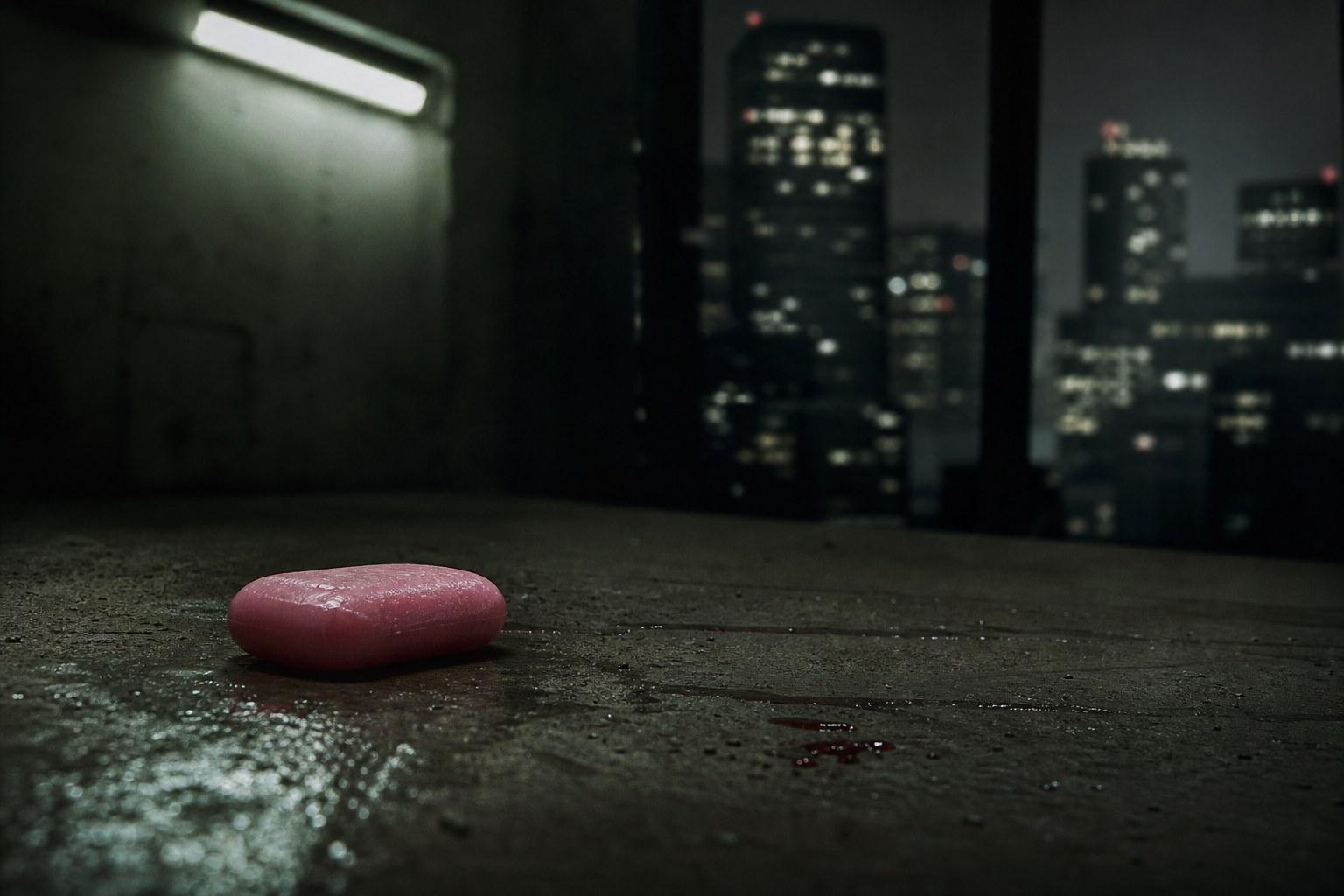 Pink soap on wet concrete under fluorescent light