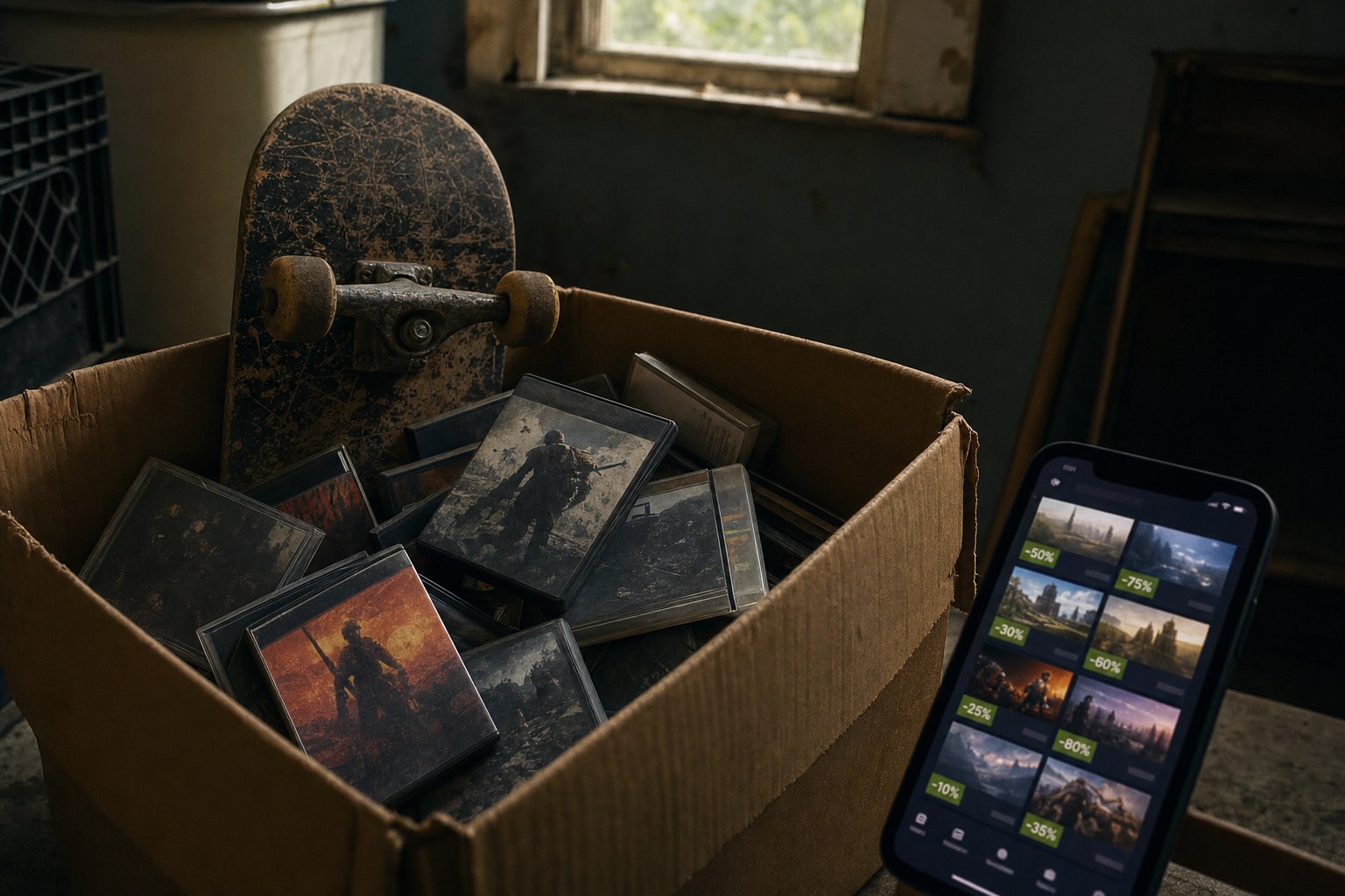 Old game cases and a skateboard in a garage box next to a phone showing a digital store sale