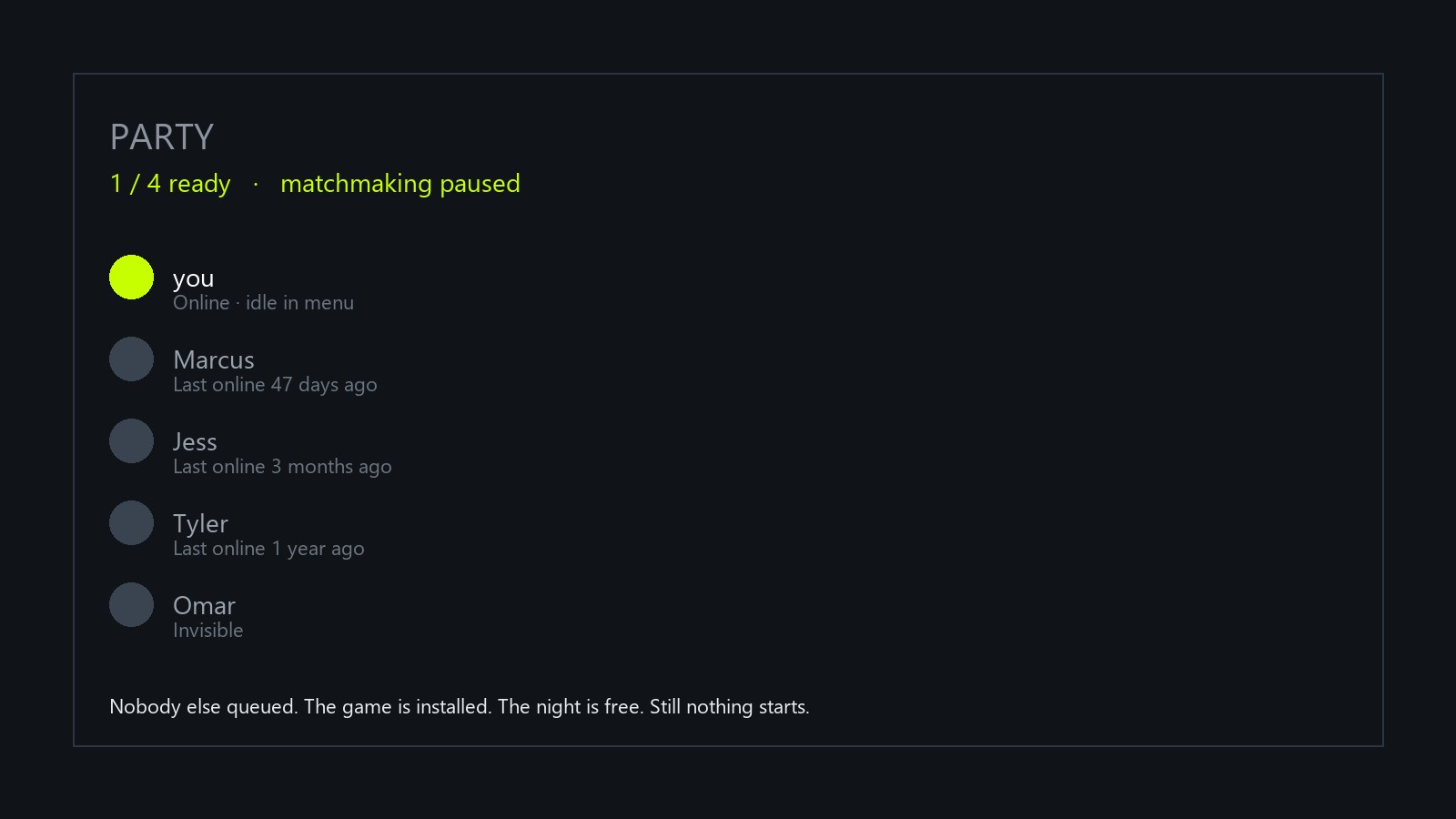 Party screen showing one person ready and friends last online months ago