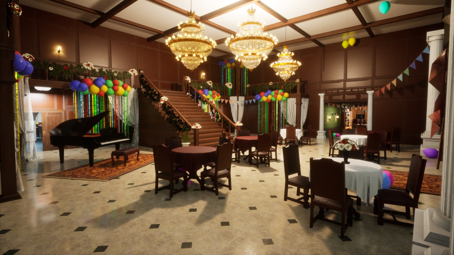 Meccha Chameleon mansion map with party decorations and a painted figure near a pillar