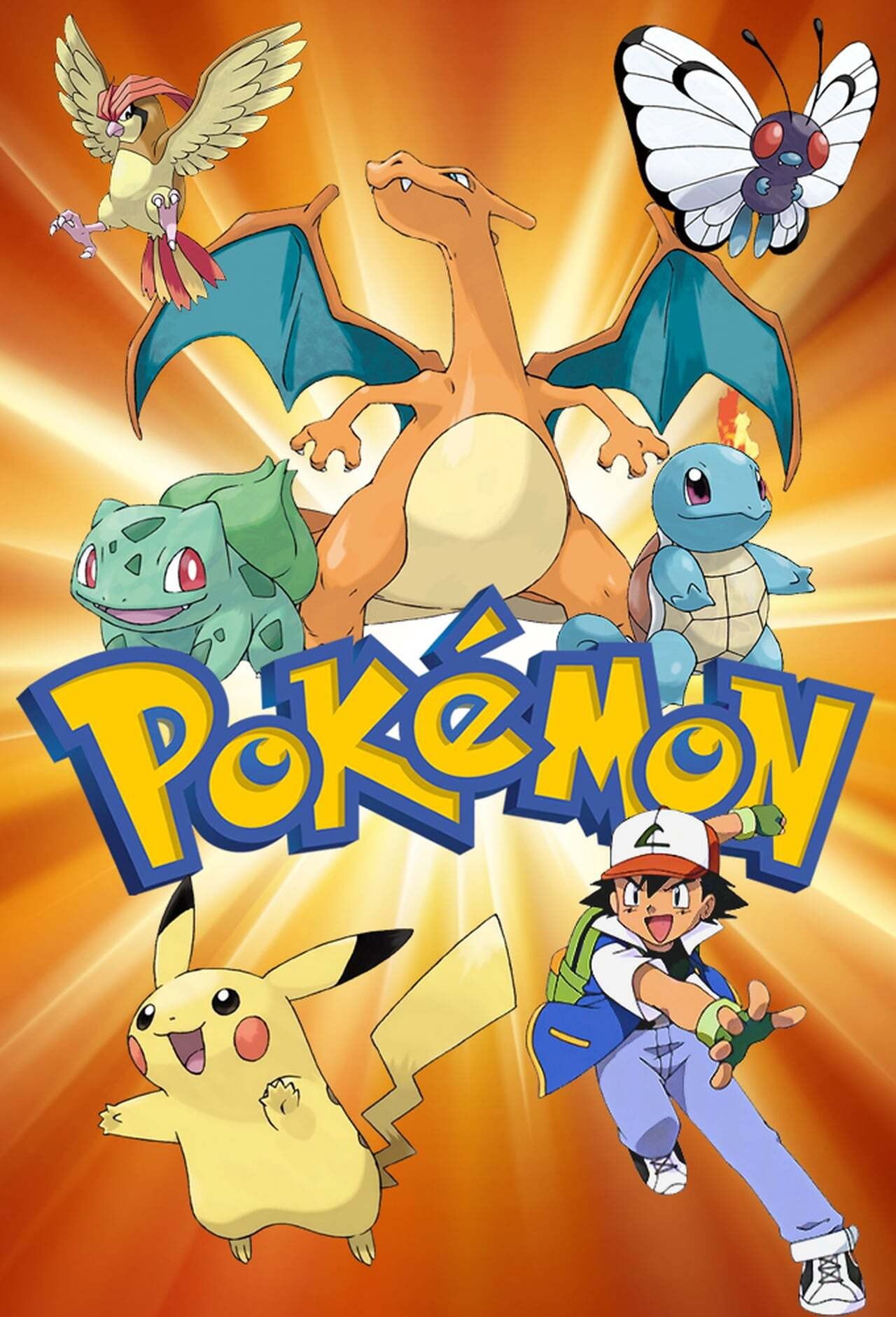 Pokemon Indigo League promotional poster with Ash, Pikachu, Charizard, Bulbasaur, and Squirtle