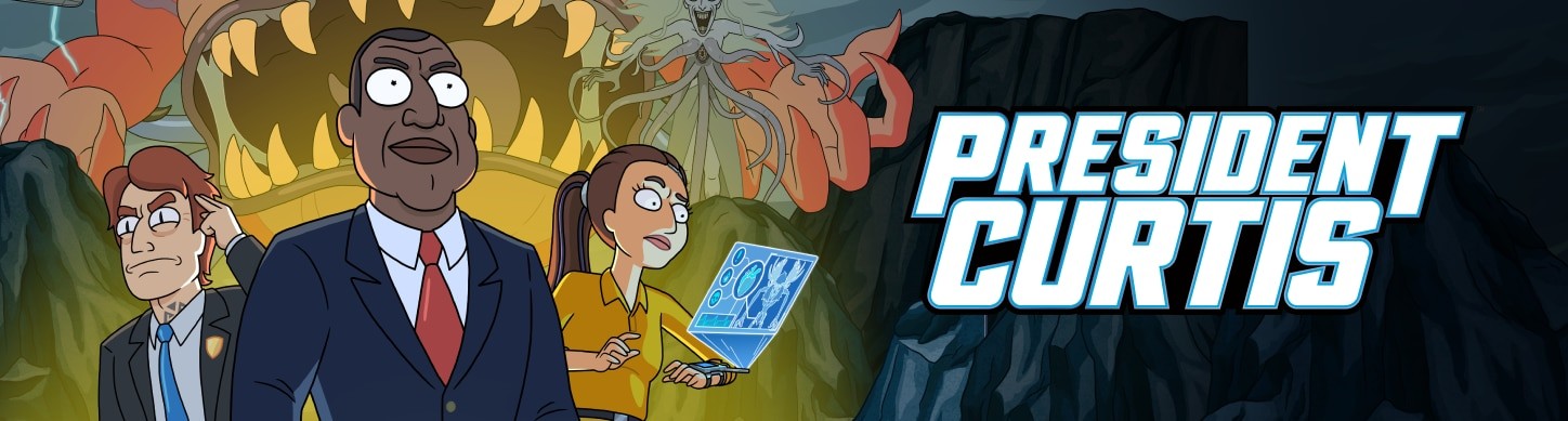 Adult Swim key art: President Curtis flanked by Banks and O'Doyle with monsters behind them
