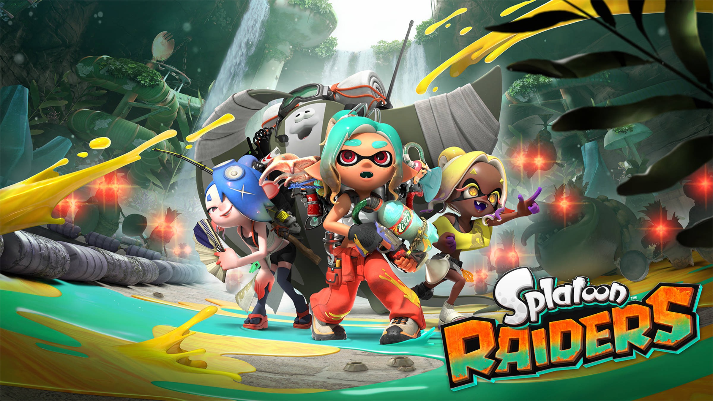 Splatoon Raiders key art with Inklings, Octolings, and Deep Cut in a jungle ruin